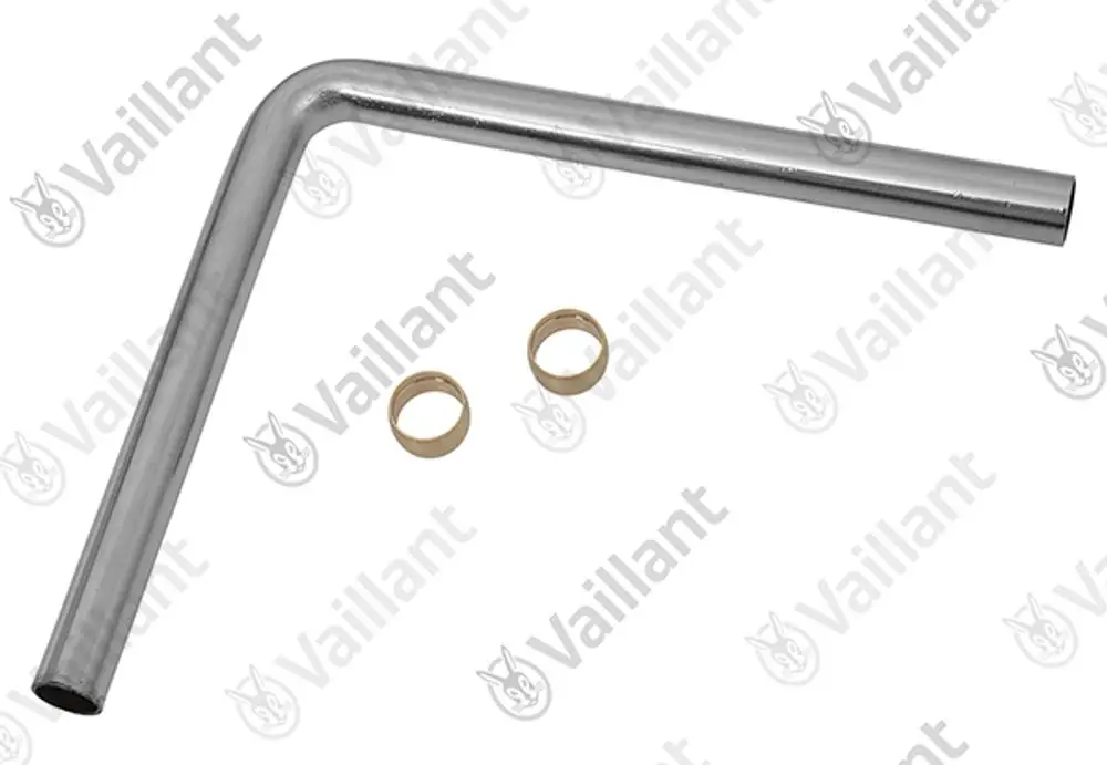 Vailant Rohr mit vernickelter Oberfläche und zwei goldenen Dichtungen, geeignet für Installationsset oder Austausch in Heizsystemen.